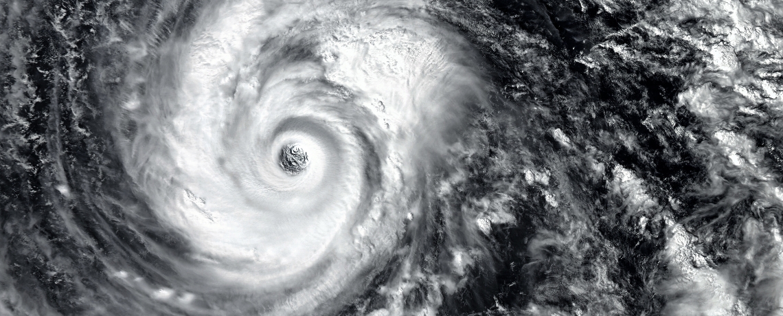 black and white aerial view of hurricane