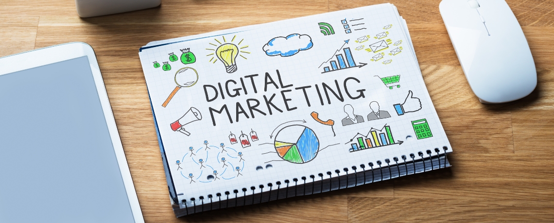 Digital marketing notebook on table